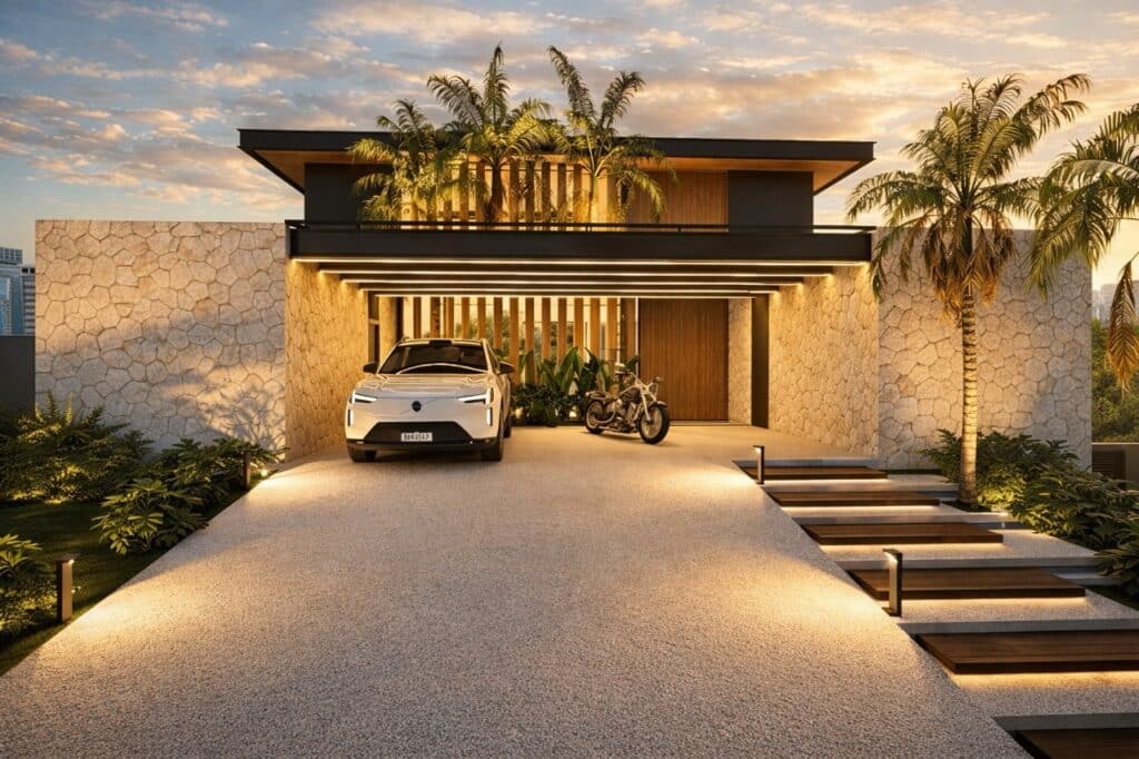 fachada casa tambore jundiai garagem integrada madeira pedra it arquitetura Grande