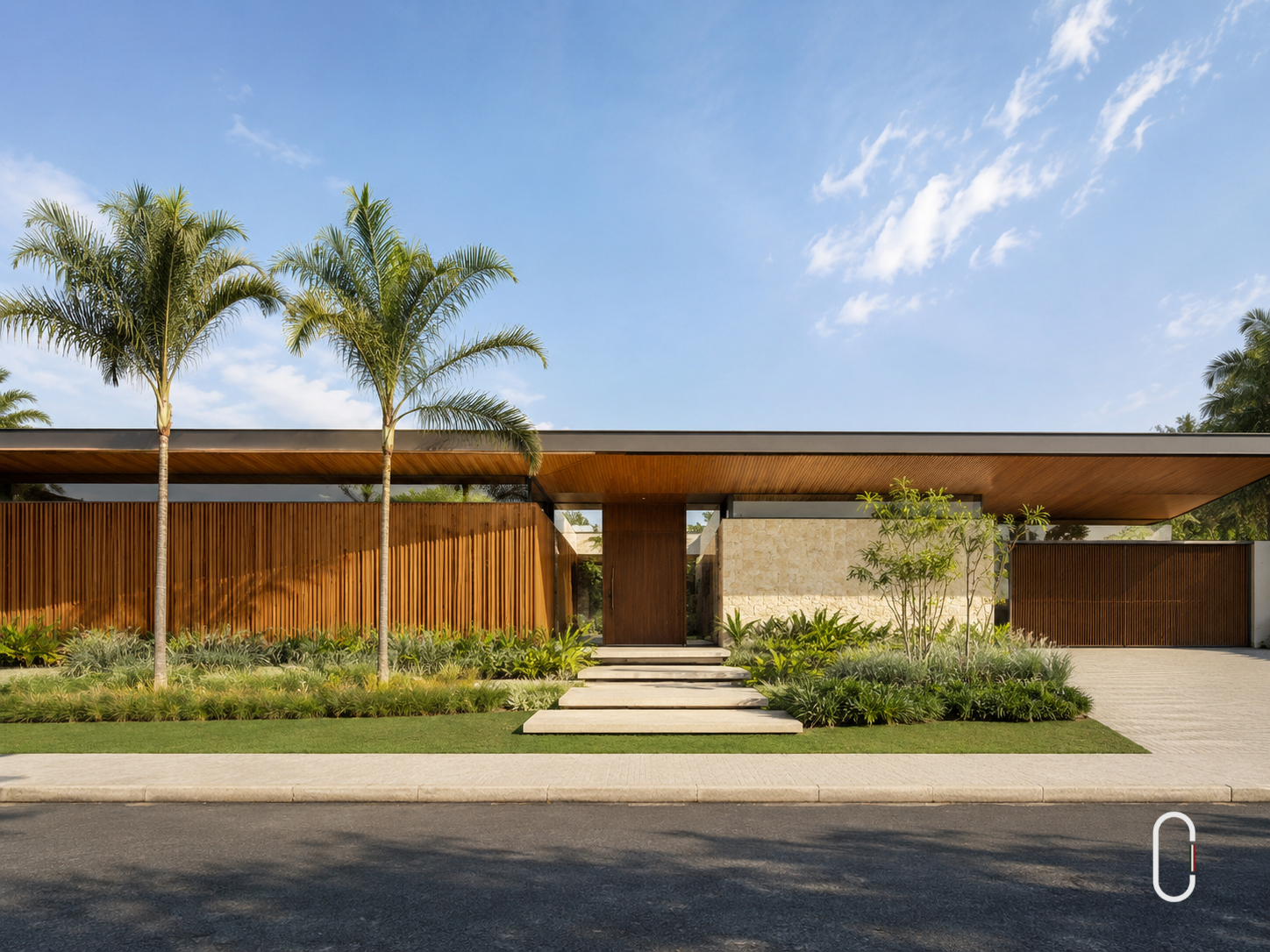 Fachada de casa contemporânea brasileira com madeira, pedra natural, vidro e paisagismo integrado - It Arquitetura