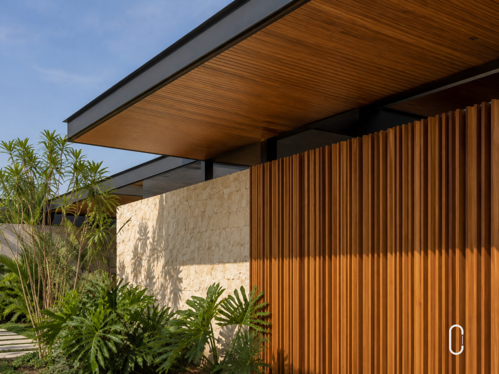 Brises de madeira em fachada de casa contemporânea brasileira com pedra natural e paisagismo — It Arquitetura