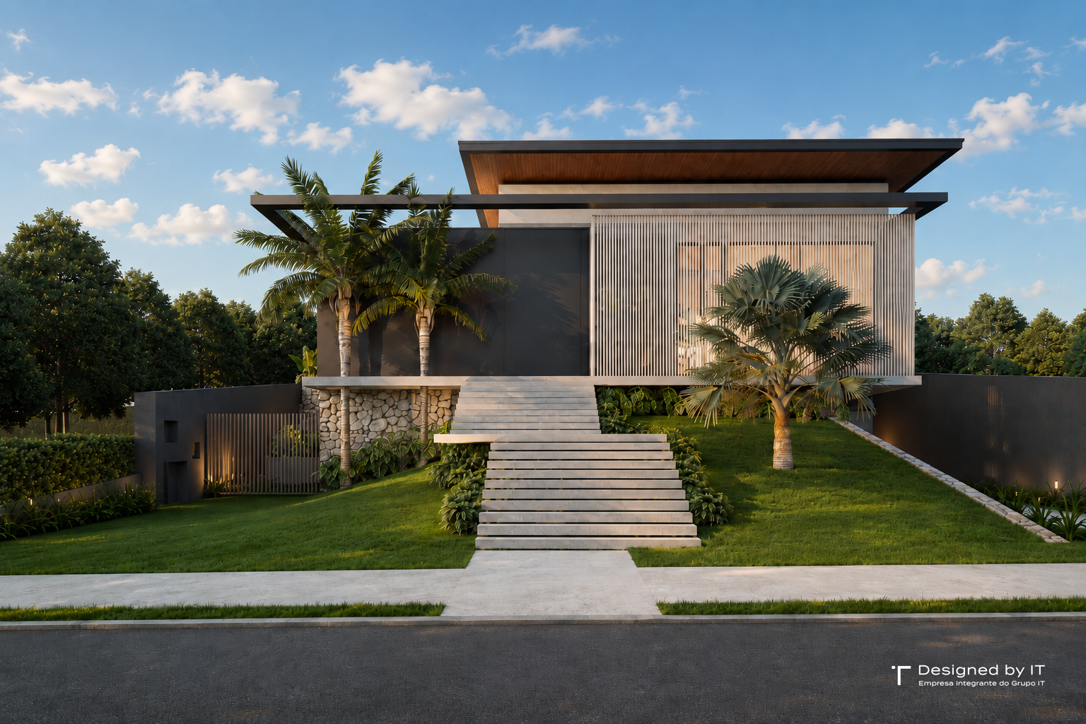 Fachada frontal da Casa Vitória com brise ripado, pedra natural e jardim em aclive — IT Arquitetura, Campinas