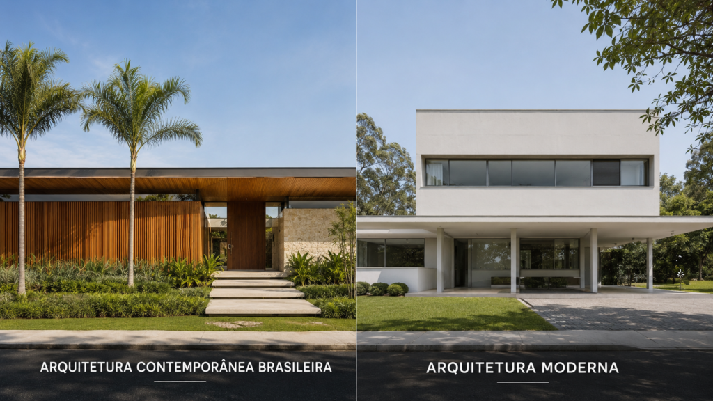 Comparação entre arquitetura contemporânea brasileira e arquitetura moderna em fachadas residenciais.