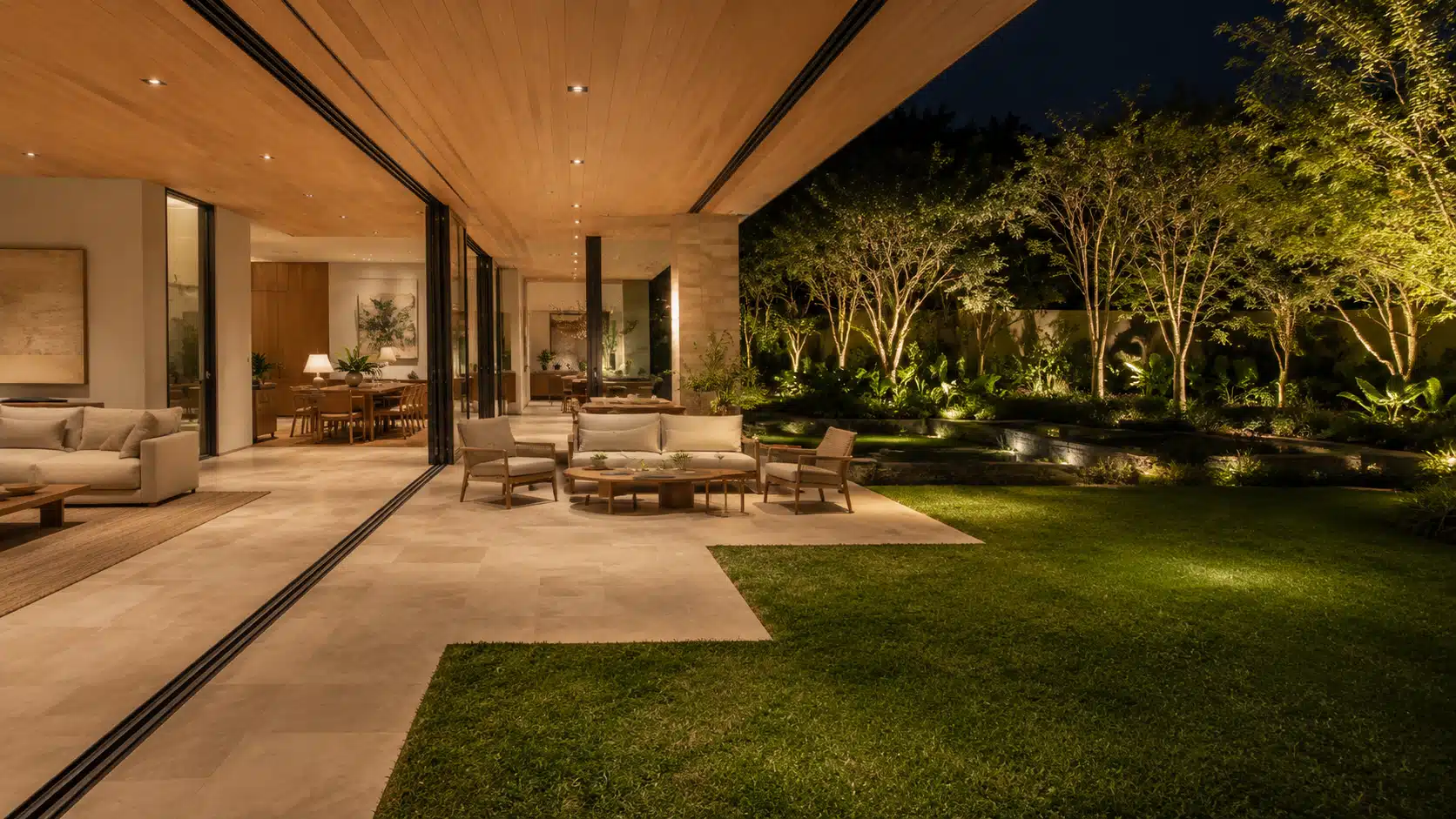 Sala integrada à varanda com esquadria de correr e jardim ao fundo — projeto It Arquitetura