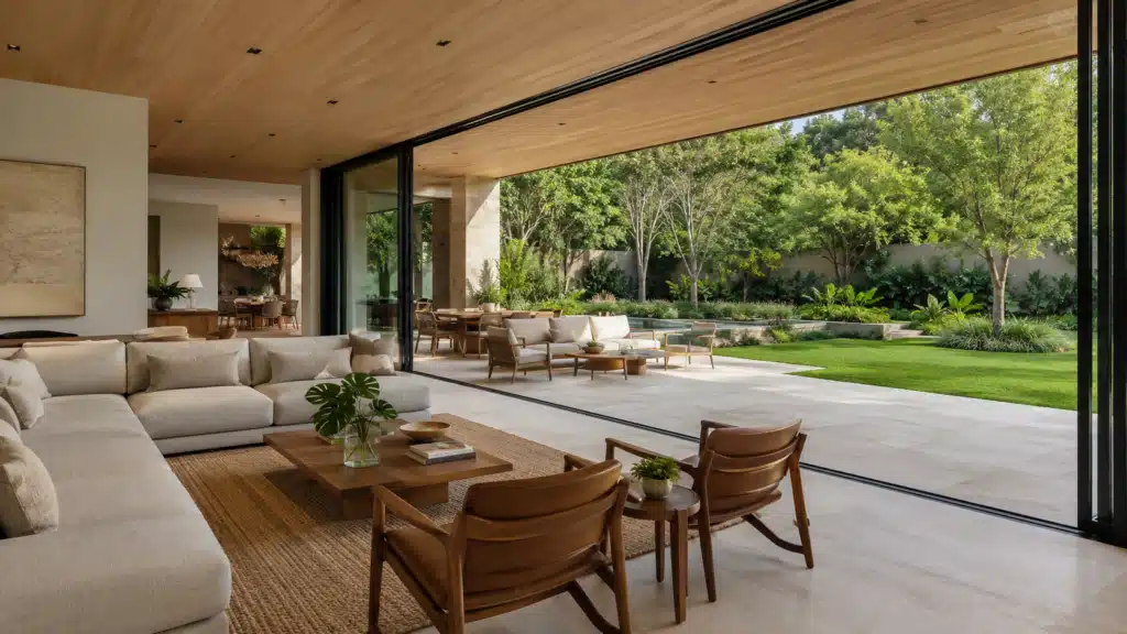 Sala integrada à varanda com esquadria de correr e jardim ao fundo — projeto It Arquitetura