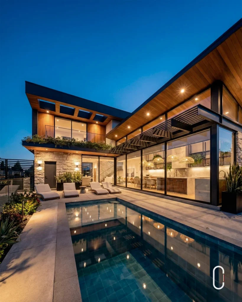 área de lazer com piscina iluminada, estrutura metálica preta e pendentes em rattan — Projeto Atibaia, IT Arquitetura Atibaia