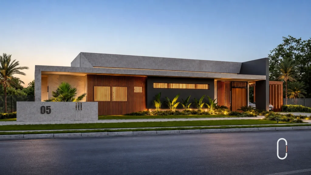 Arquitetura contemporânea iluminada da Casa Bauru em Itatiba com fachada em concreto, madeira e vidro