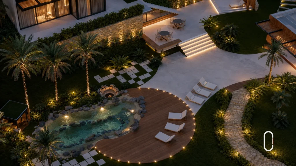 Vista aérea da área externa da Casa Bauru com deck curvo, piscina natural, espreguiçadeiras e jardins