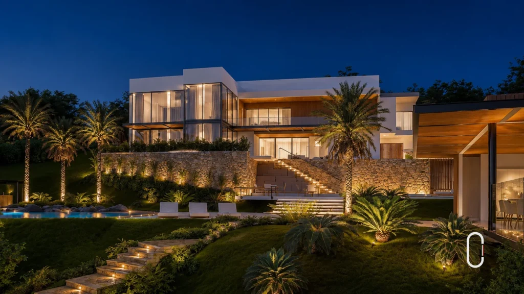 Casa contemporânea em terreno com declive, escadaria central, muros de pedra e paisagismo no Parque da Fazenda Itatiba
