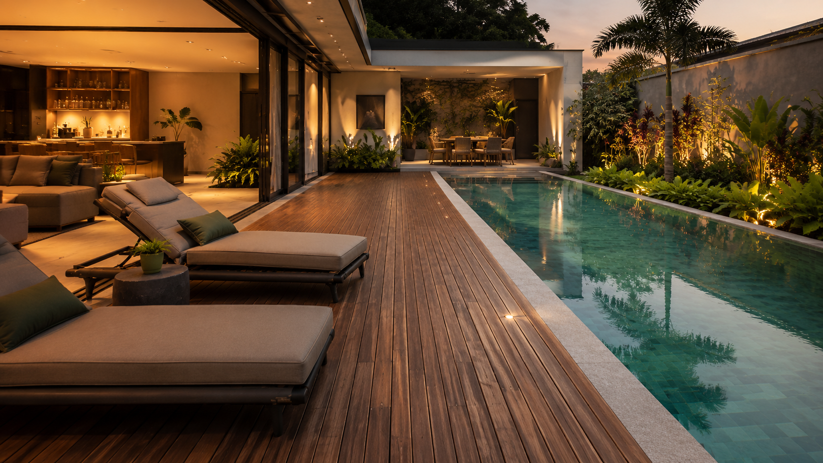 Área de lazer moderna residencial com piscina, deck de madeira e jardim integrado