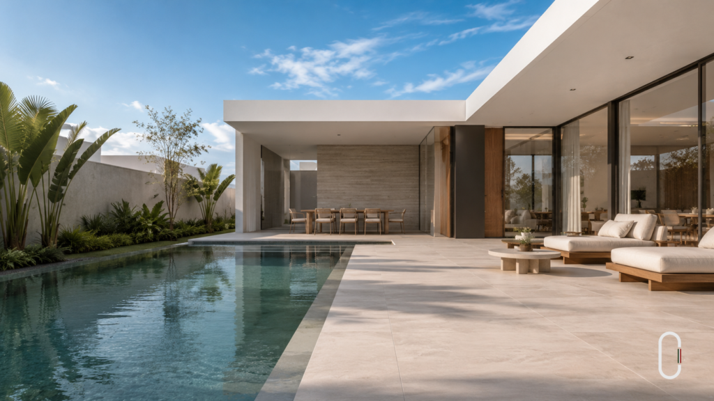 Área externa de casa minimalista com piscina, deck de pedra, jardim e integração com a fachada.