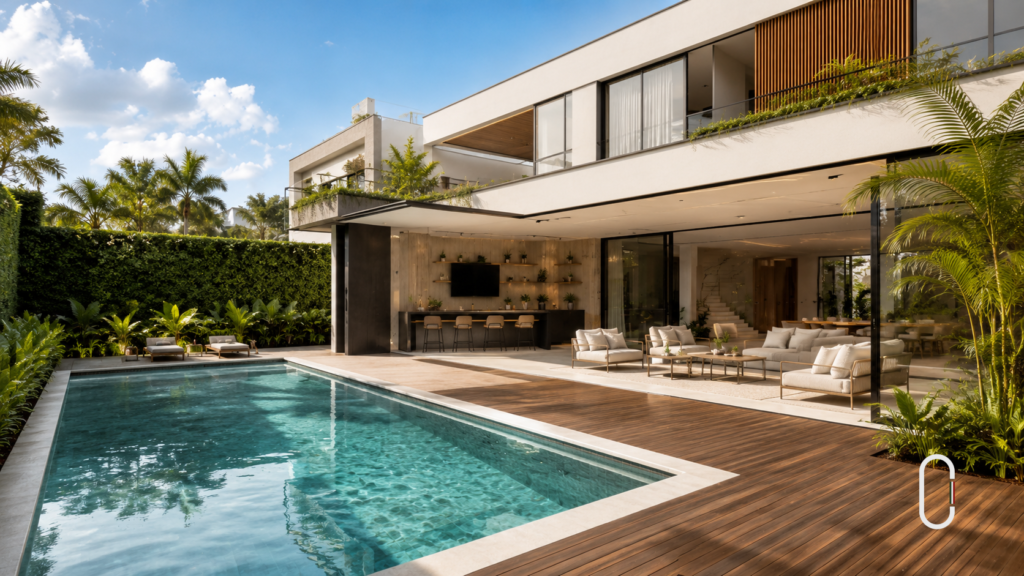 Área de lazer de casa moderna com piscina reta, deck de madeira, jardim integrado e grandes aberturas de vidro.