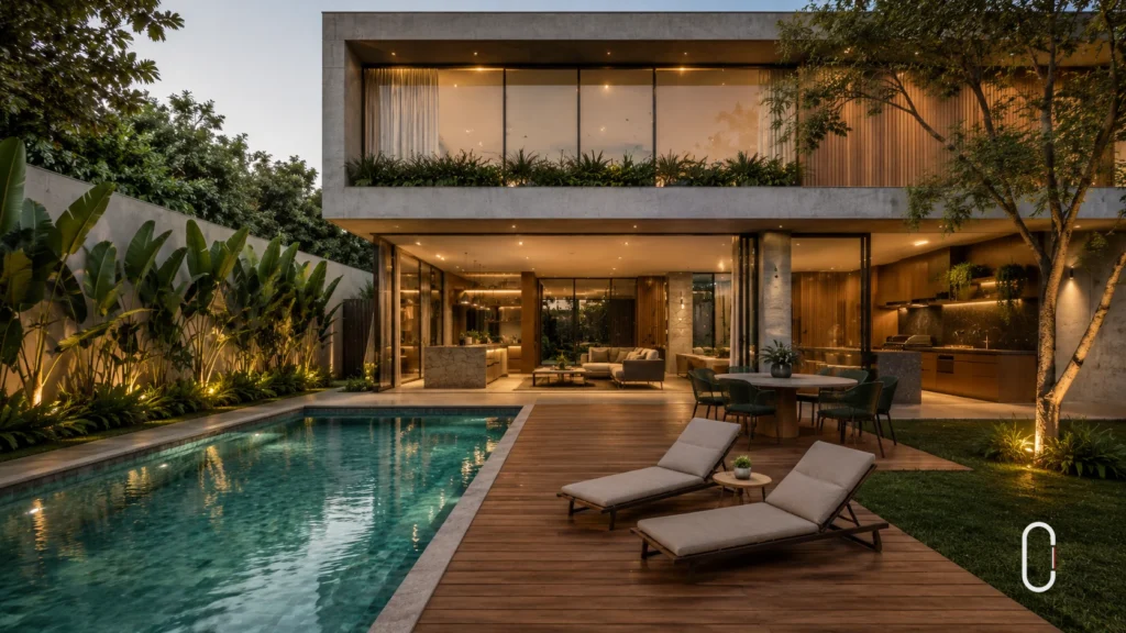 Área de lazer com piscina em casa contemporânea em terreno de 400m2 com deck, jardim e espaço gourmet