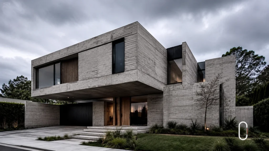 Arquitetura brutalista com concreto exposto, volumes angulares, grandes aberturas e fachada imponente