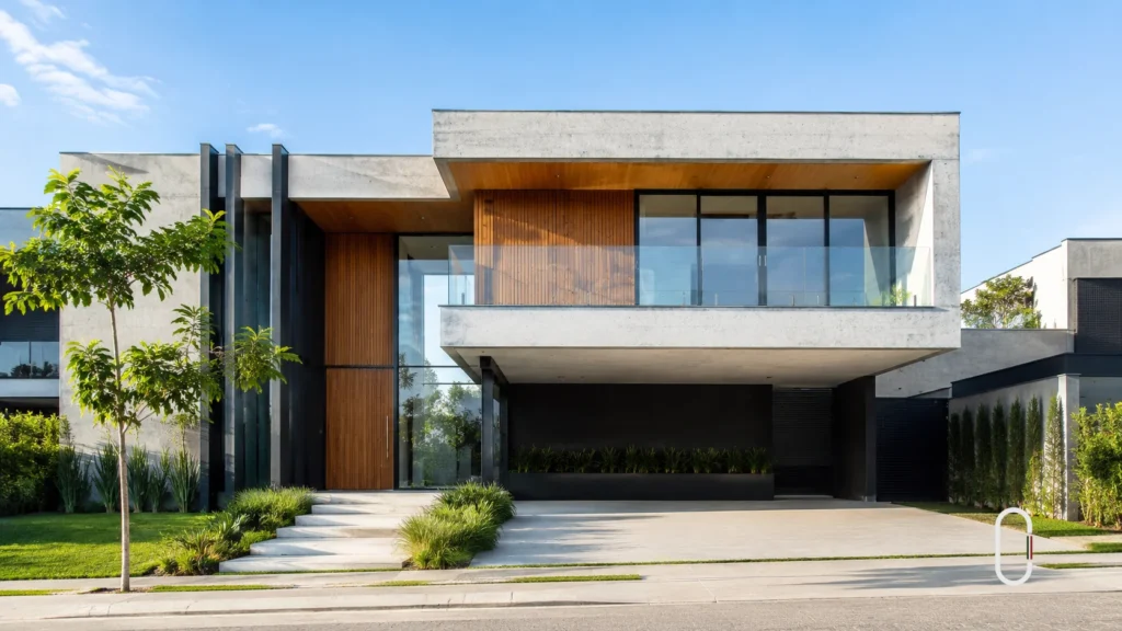 Arquitetura moderna com linhas retas, concreto, madeira, varanda e grandes janelas de vidro