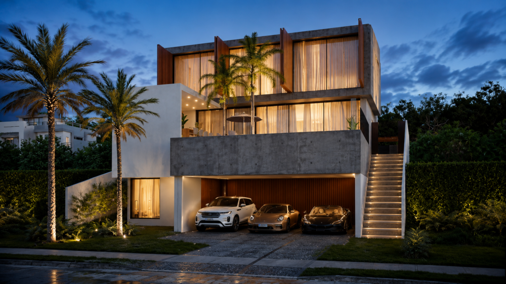 Posso Construir uma Casa de 400 m² em um Terreno de 400 m²? 2 Casa contemporânea em Campinas com fachada em concreto e madeira, escada lateral iluminada, garagem para três carros e paisagismo tropical.