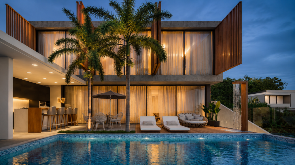 Posso Construir uma Casa de 400 m² em um Terreno de 400 m²? 5 Área de lazer da Casa Sorocaba em Campinas com piscina suspensa, deck em madeira, palmeiras, espaço gourmet e fachada envidraçada.