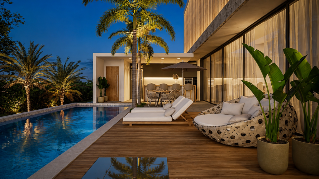 Posso Construir uma Casa de 400 m² em um Terreno de 400 m²? 4 Deck da Casa Sorocaba com piscina, área gourmet ao fundo, mesa externa, ombrelone, espreguiçadeiras e iluminação de entardecer.