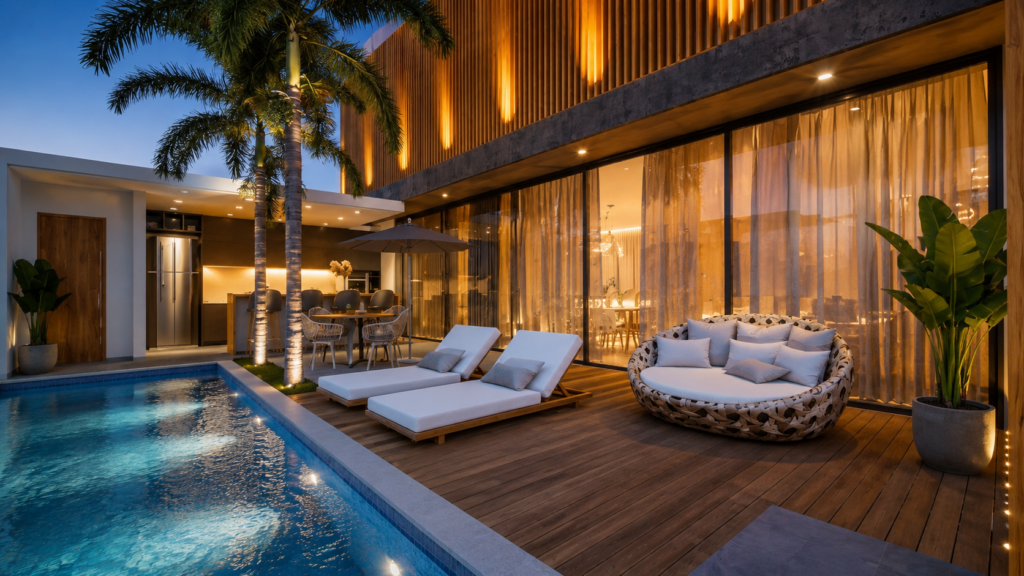 Deck da Casa Sorocaba com piscina, espreguiçadeiras, sofá circular, plantas tropicais e fachada com grandes portas de vidro.