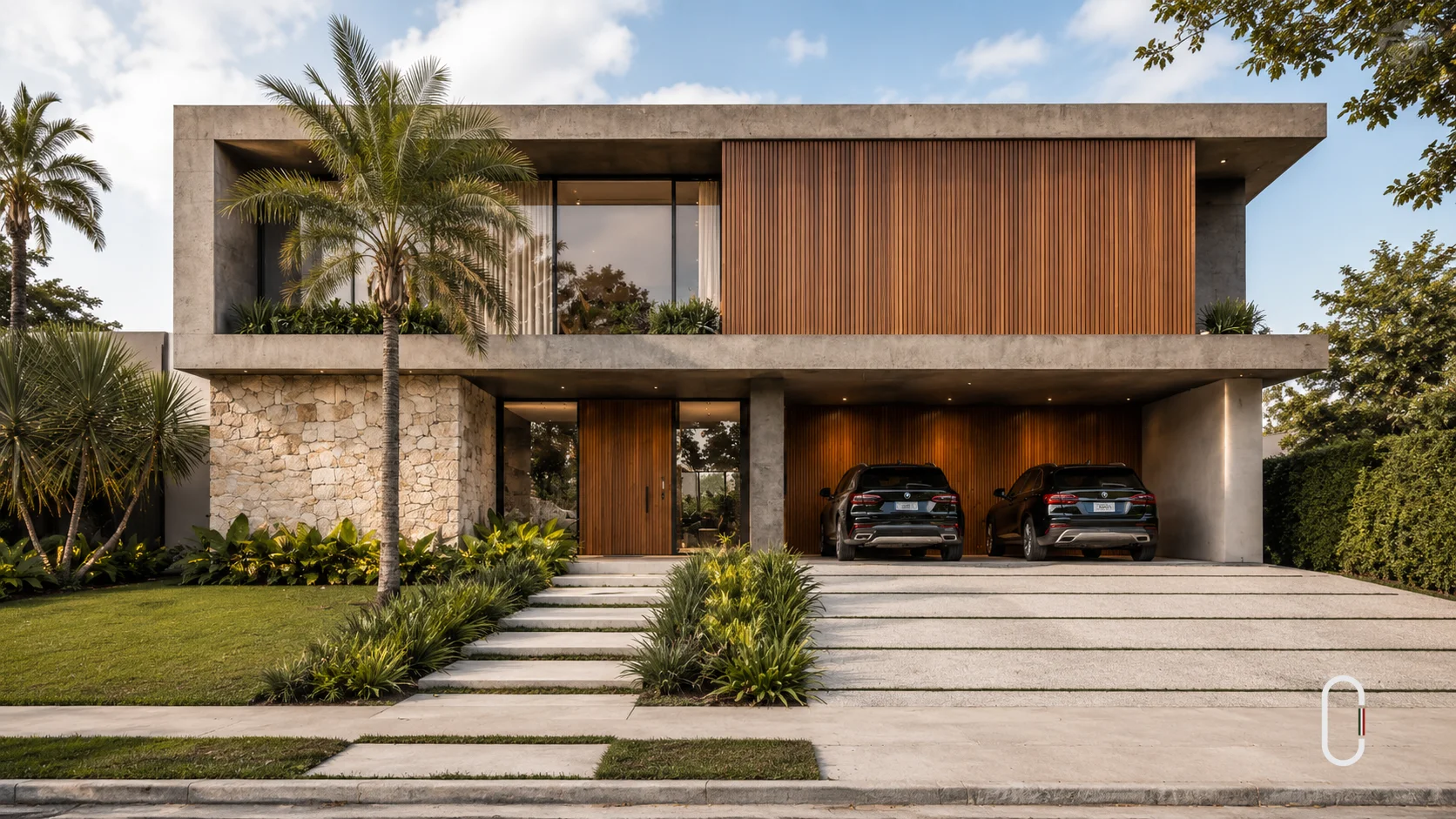 Fachada de casa contemporânea em terreno de 400m2 com concreto, madeira, pedra natural e jardim frontal