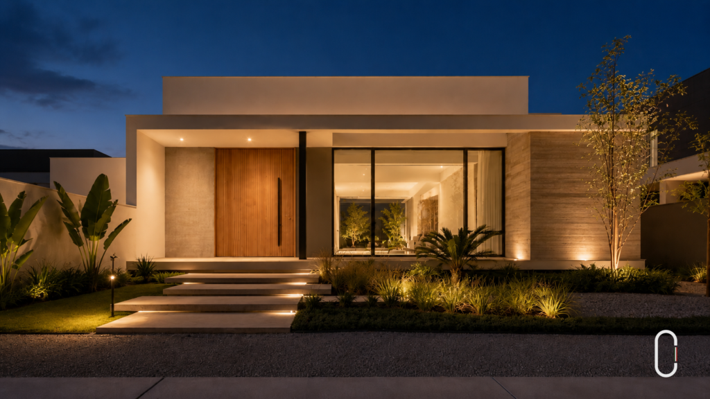 Casa estilo minimalista iluminada à noite com volumes limpos, jardim e luz arquitetônica quente.