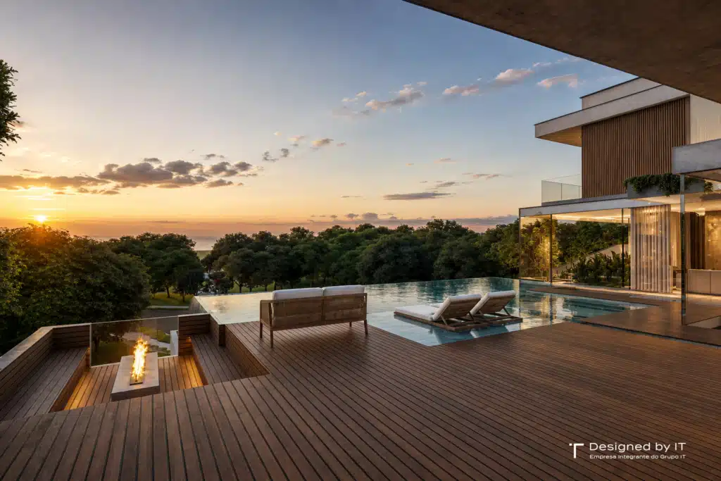 Casa contemporânea com piscina infinita ao pôr do sol em Jundiaí