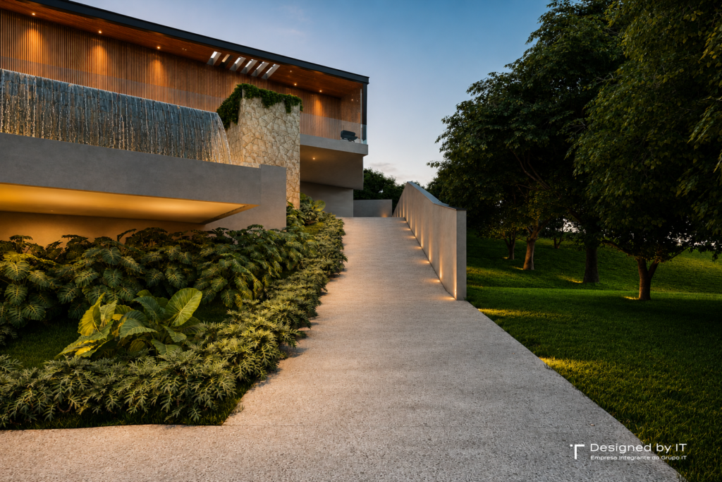 Jardim lateral com paisagismo tropical em casa contemporânea em Jundiaí