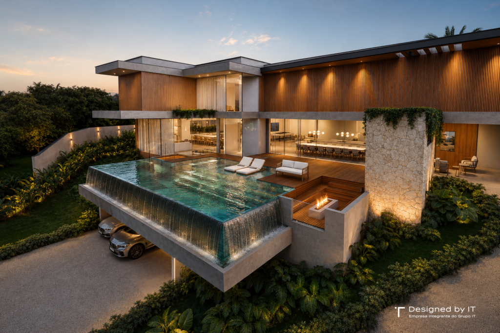 Vista superior da piscina e área gourmet de casa em Jundiaí