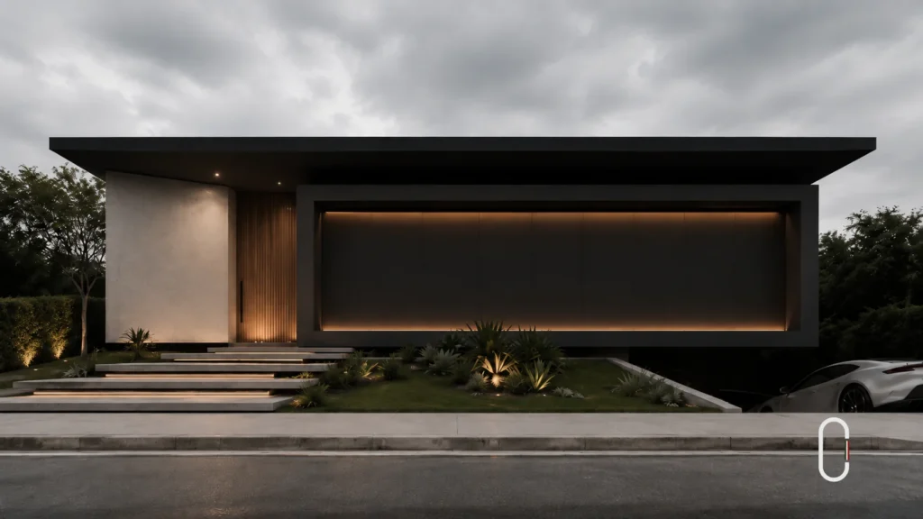 Casa minimalista com fachada preta, linhas retas, iluminação linear e paisagismo discreto
