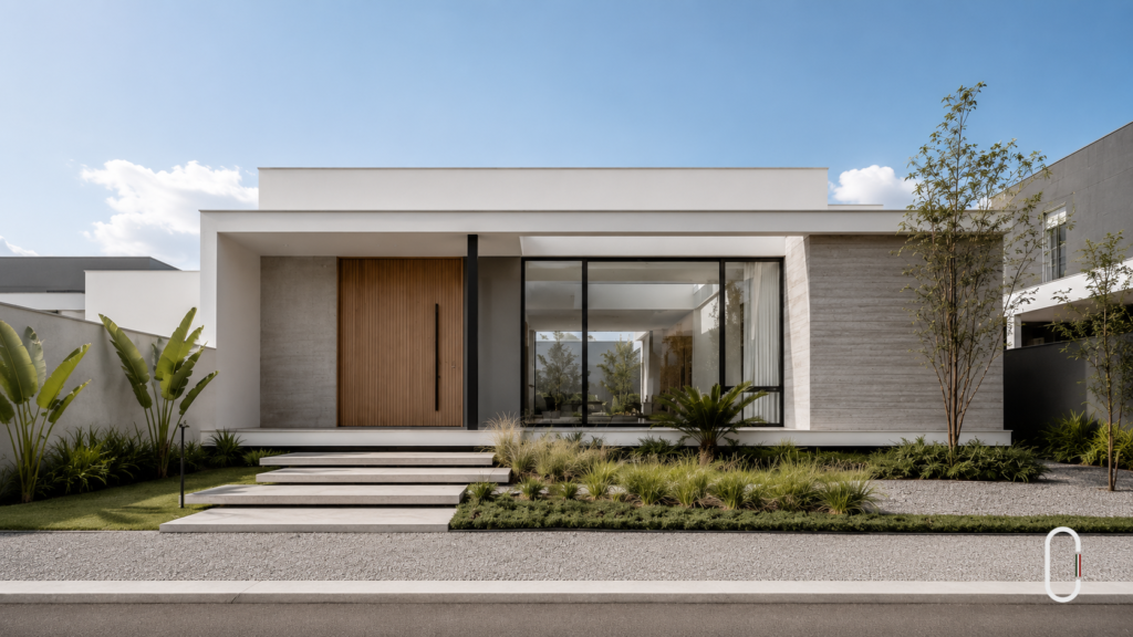 Casa minimalista vista de frente com grandes janelas, platibanda reta e fachada em tons neutros.
