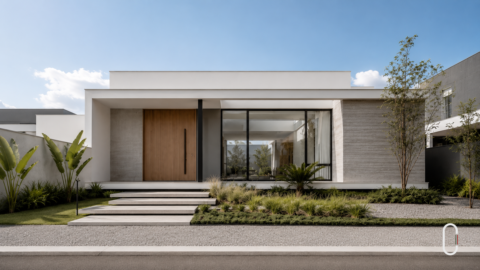 Casa minimalista vista de frente com grandes janelas, platibanda reta e fachada em tons neutros.