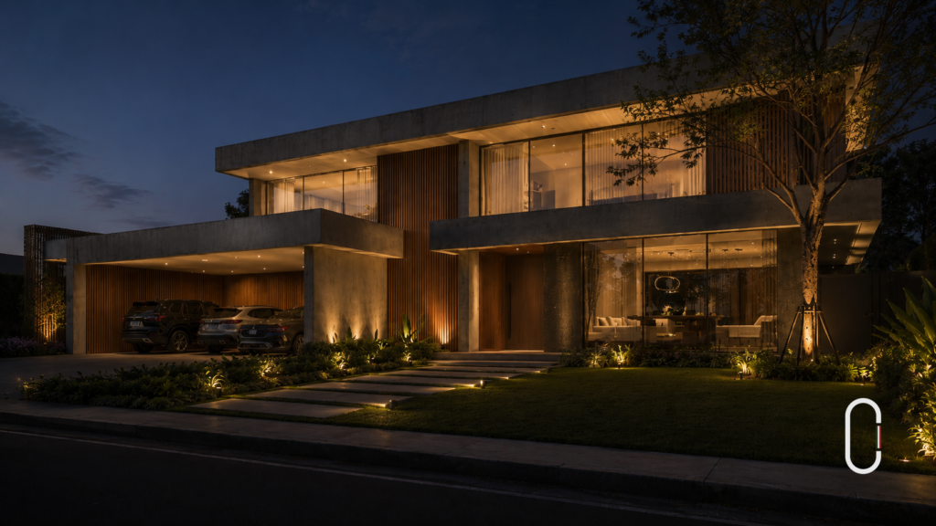 Casa minimalista iluminada à noite em terreno 20x25 com jardim frontal e garagem integrada
