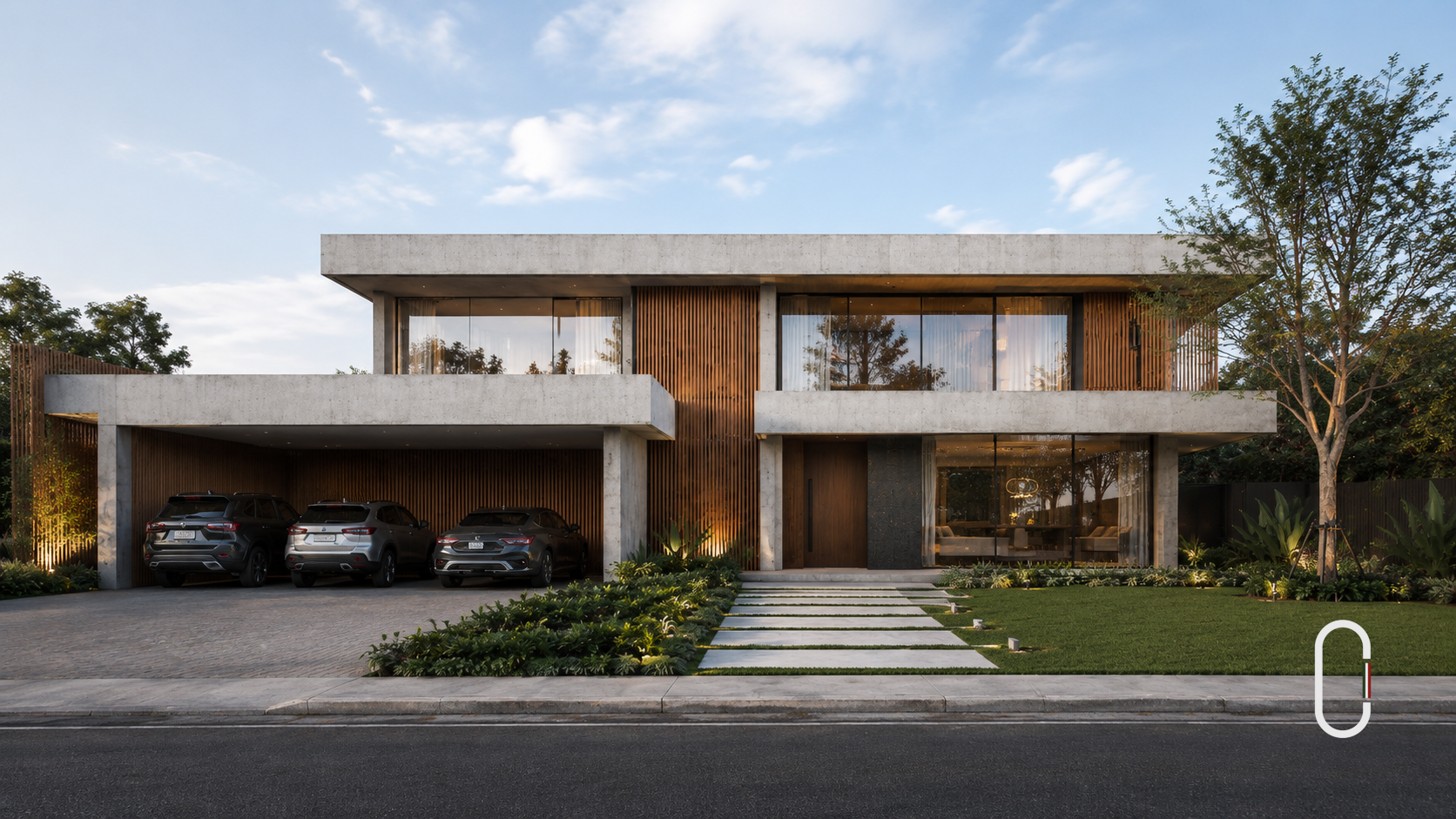 Fachada minimalista com platibanda reta, concreto aparente, madeira e garagem integrada