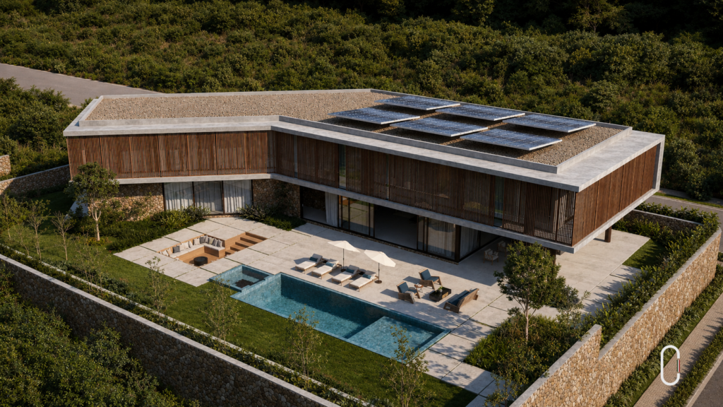 Área de lazer da Casa Monte com piscina, espreguiçadeiras, jardim e arquitetura contemporânea integrada ao terreno no EntreVerdes, Campinas.
