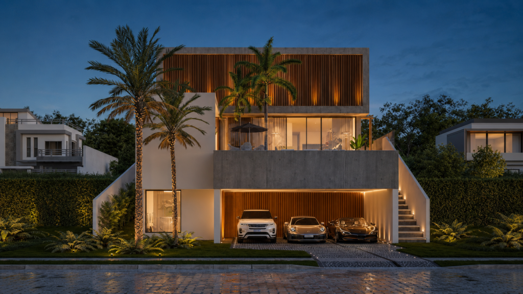 Fachada contemporânea da Casa Sorocaba em Campinas, com concreto aparente, madeira, vidro, garagem para três carros e paisagismo tropical no Alphaville Dom Pedro II.