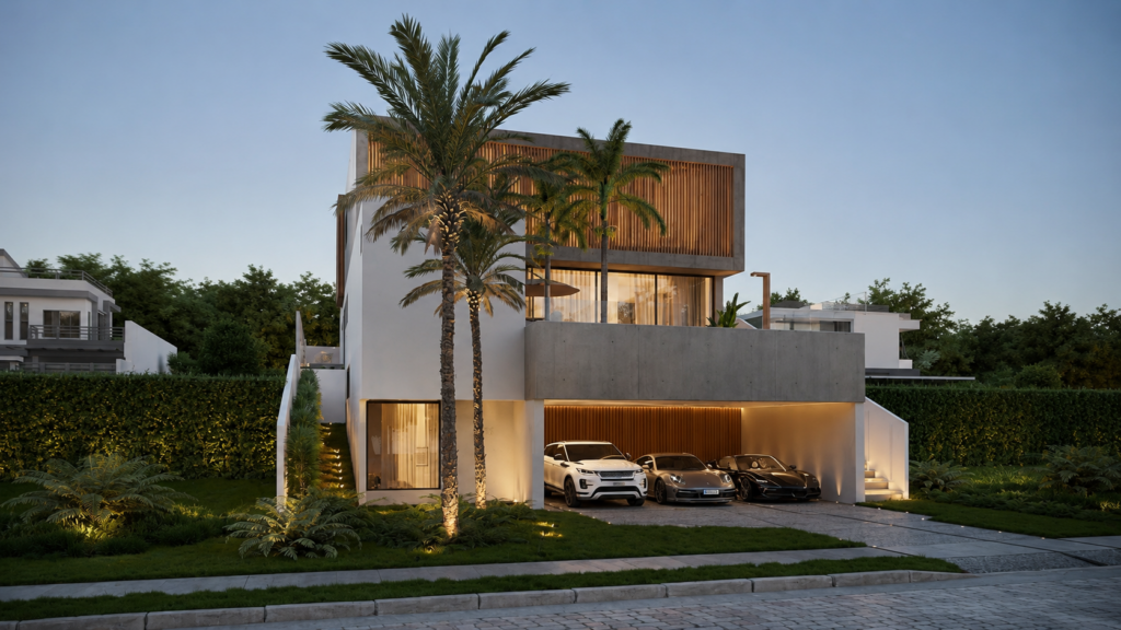 Posso Construir uma Casa de 400 m² em um Terreno de 400 m²? 3 Fachada lateral da Casa Sorocaba em Campinas, destacando volumes contemporâneos, concreto aparente, ripado em madeira, vidro e garagem integrada.