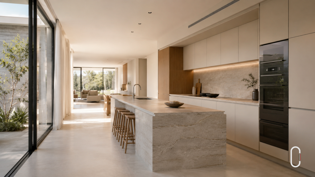 Cozinha minimalista integrada com bancada em pedra natural, armários lisos e luz natural.