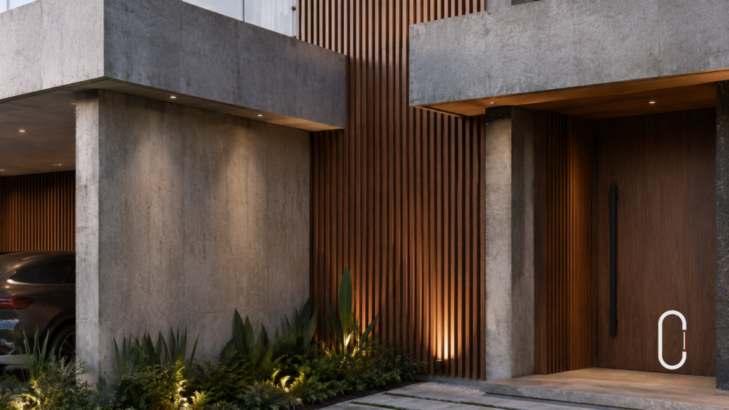 Detalhe de fachada minimalista com concreto aparente, ripado de madeira e iluminação embutida