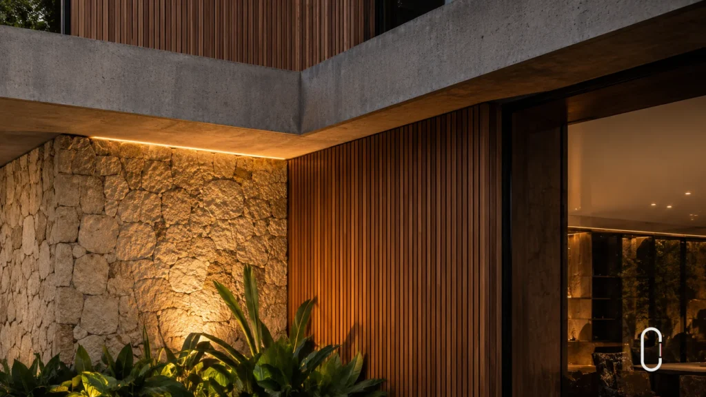 Detalhe de fachada contemporânea com concreto aparente, madeira ripada, pedra natural e iluminação arquitetônica