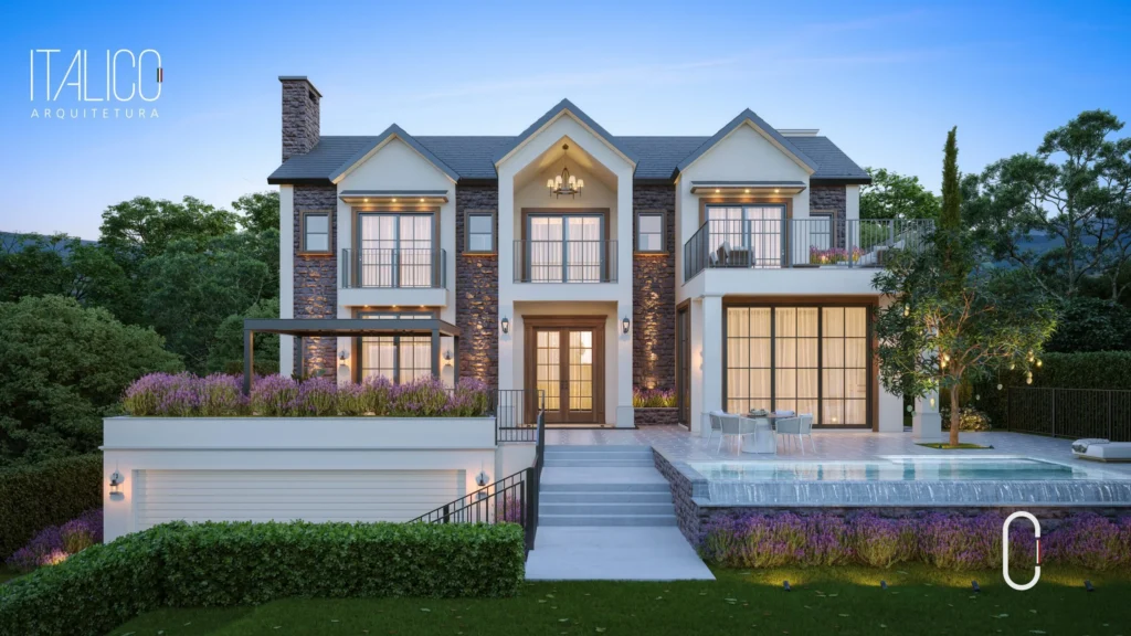 Casa estilo americano com telhado shingle, varanda, pedra natural e fachada acolhedora