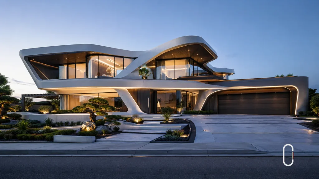 Estilo arquitetônico futurista com formas orgânicas, grandes vidros, LED e fachada escultural