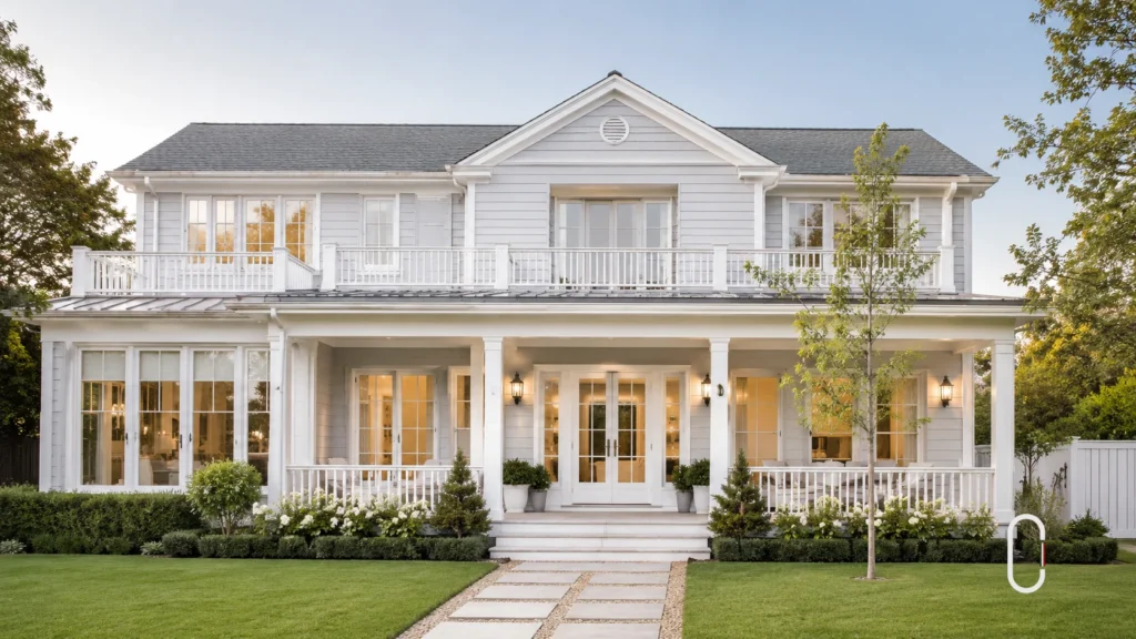 Fachada Hampton com varanda ampla, portas francesas, grandes janelas e tons claros