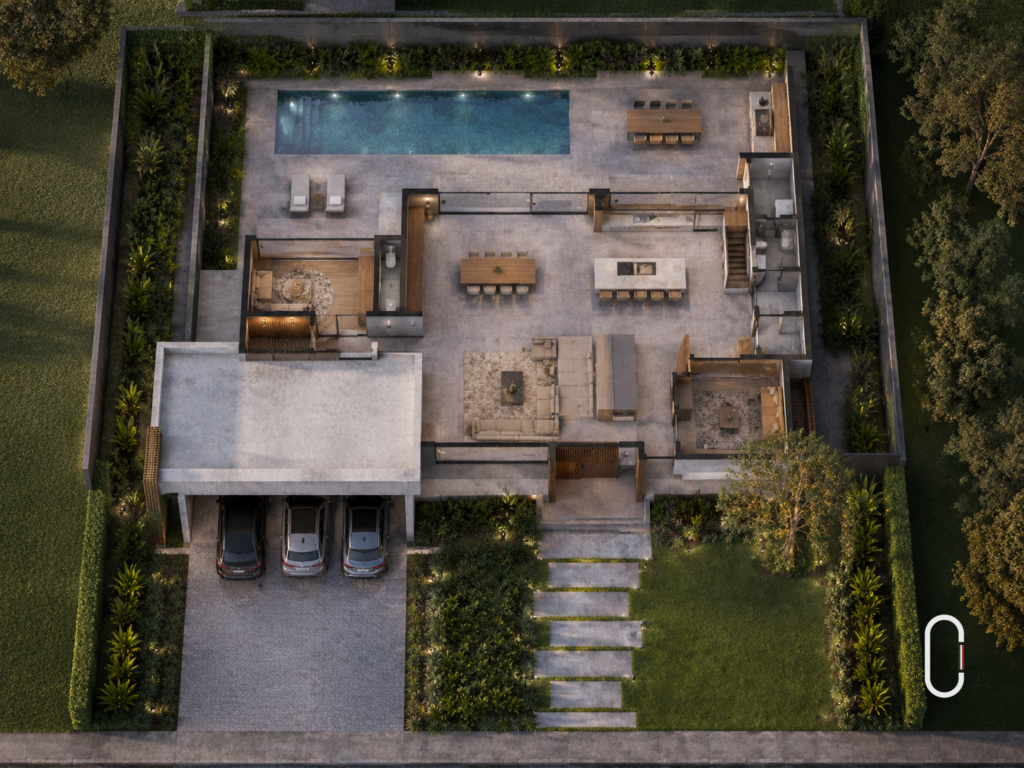 Vista aérea de implantação de casa minimalista em terreno 20x25 com piscina nos fundos