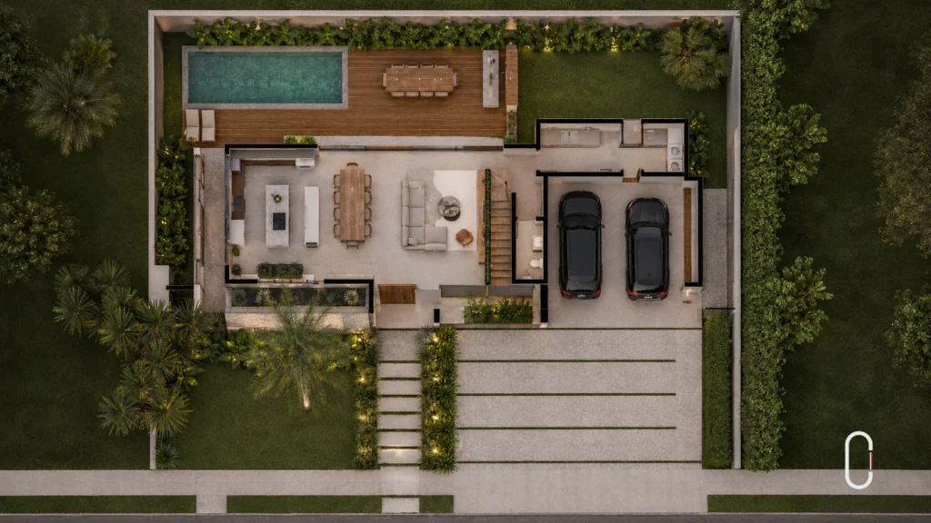 Planta baixa de casa contemporânea em terreno de 400 metros quadrados com piscina, garagem e ambientes integrados