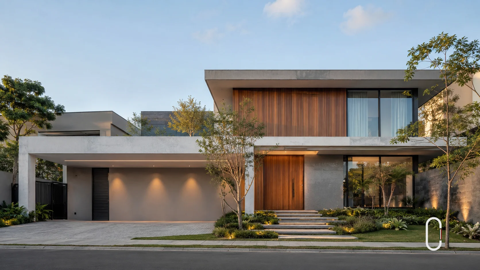 Residência contemporânea com madeira, concreto, vidro, iluminação indireta e jardim moderno