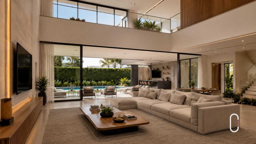 Sala de estar estilo moderno com pé-direito alto, grandes esquadrias de vidro e integração com área externa.