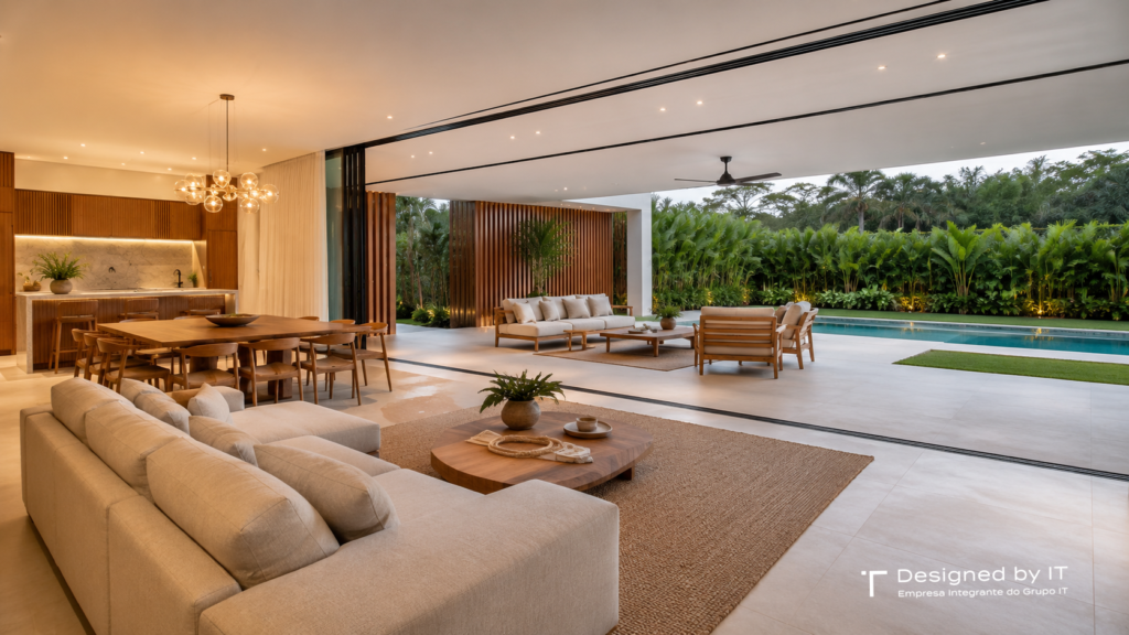 Casa Moderna em terreno de 600m² Área social de uma casa moderna em terreno de 600 m², com sala de estar, sala de jantar e cozinha integradas. Grandes portas de vidro abertas conectam o interior ao jardim, ao deck e à piscina, ampliando a iluminação natural e a integração entre os ambientes.