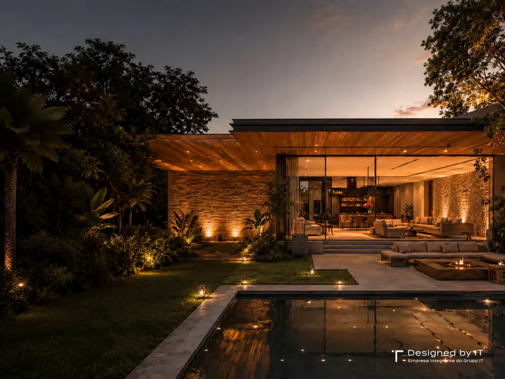 Casa contemporânea de alto padrão com piscina, iluminação noturna e integração entre ambientes internos e externos.