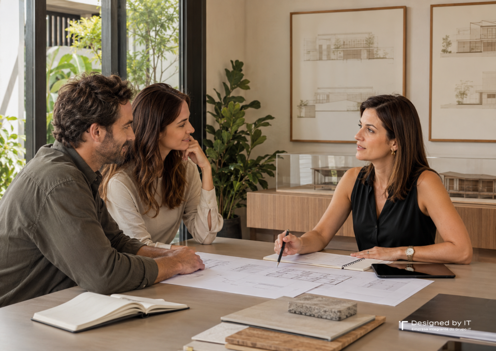 Arquiteta realiza briefing de projeto de arquitetura residencial com um casal, analisando plantas, necessidades e referências para a nova casa.