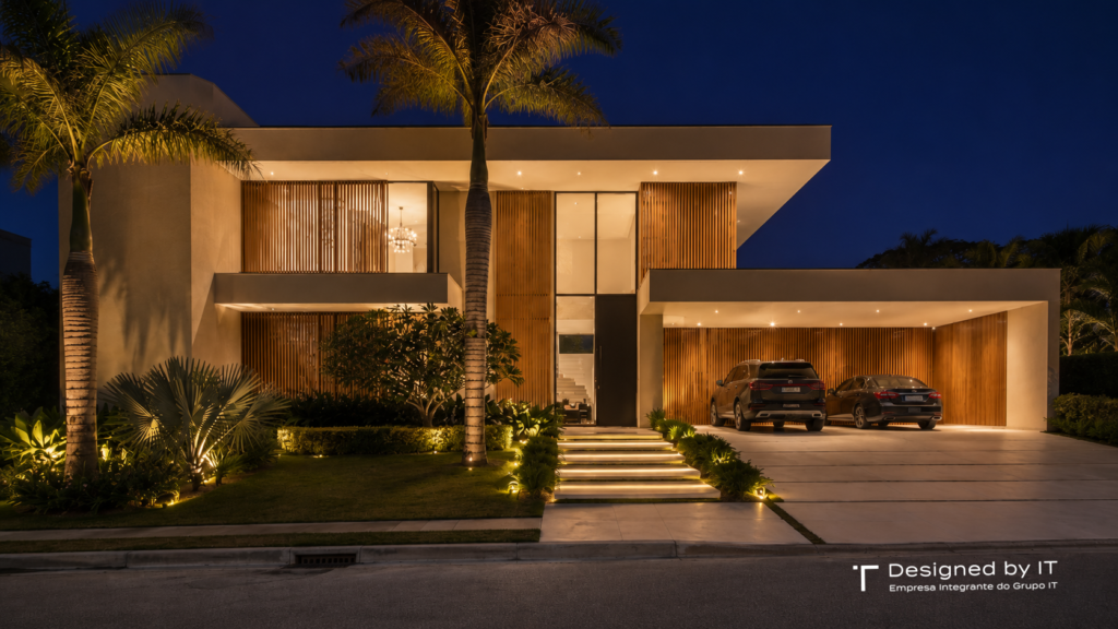 Casa moderna iluminada à noite em terreno de 600 m² em Indaiatuba
