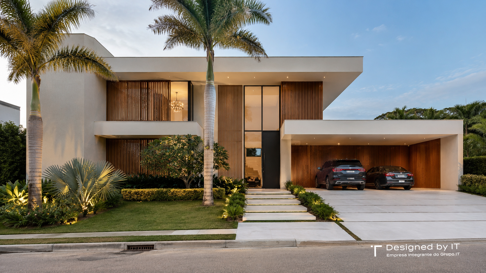 Blog 4 Fachada de casa moderna em terreno de 600 m² com ripado de madeira e jardim tropical