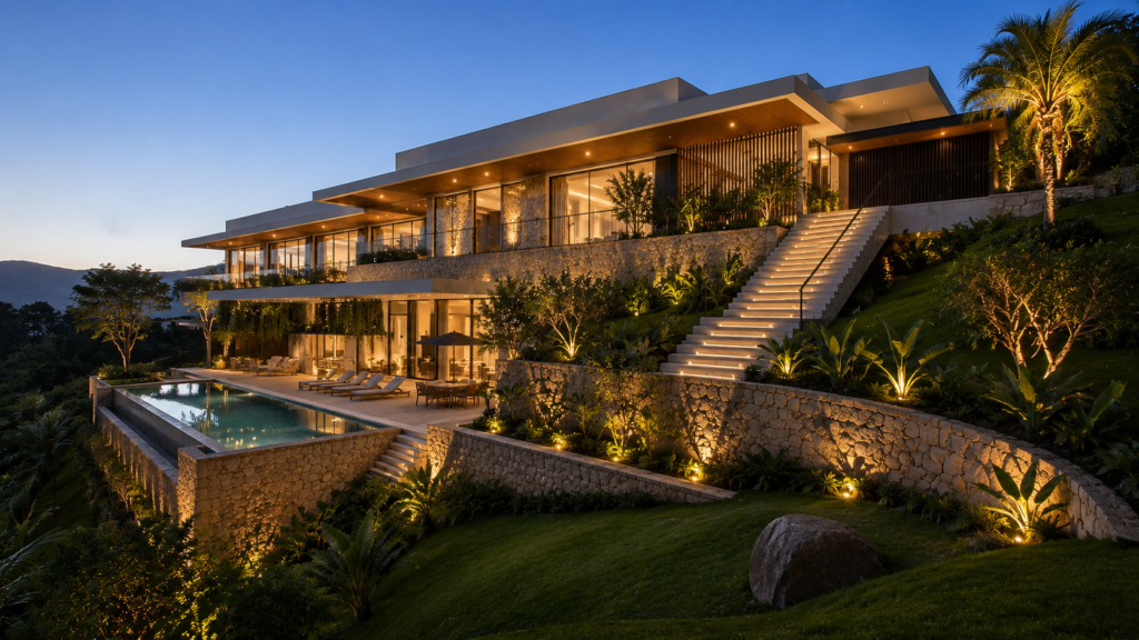 Casa contemporânea brasileira em terreno inclinado com piscina, pedra natural e grandes beirais.